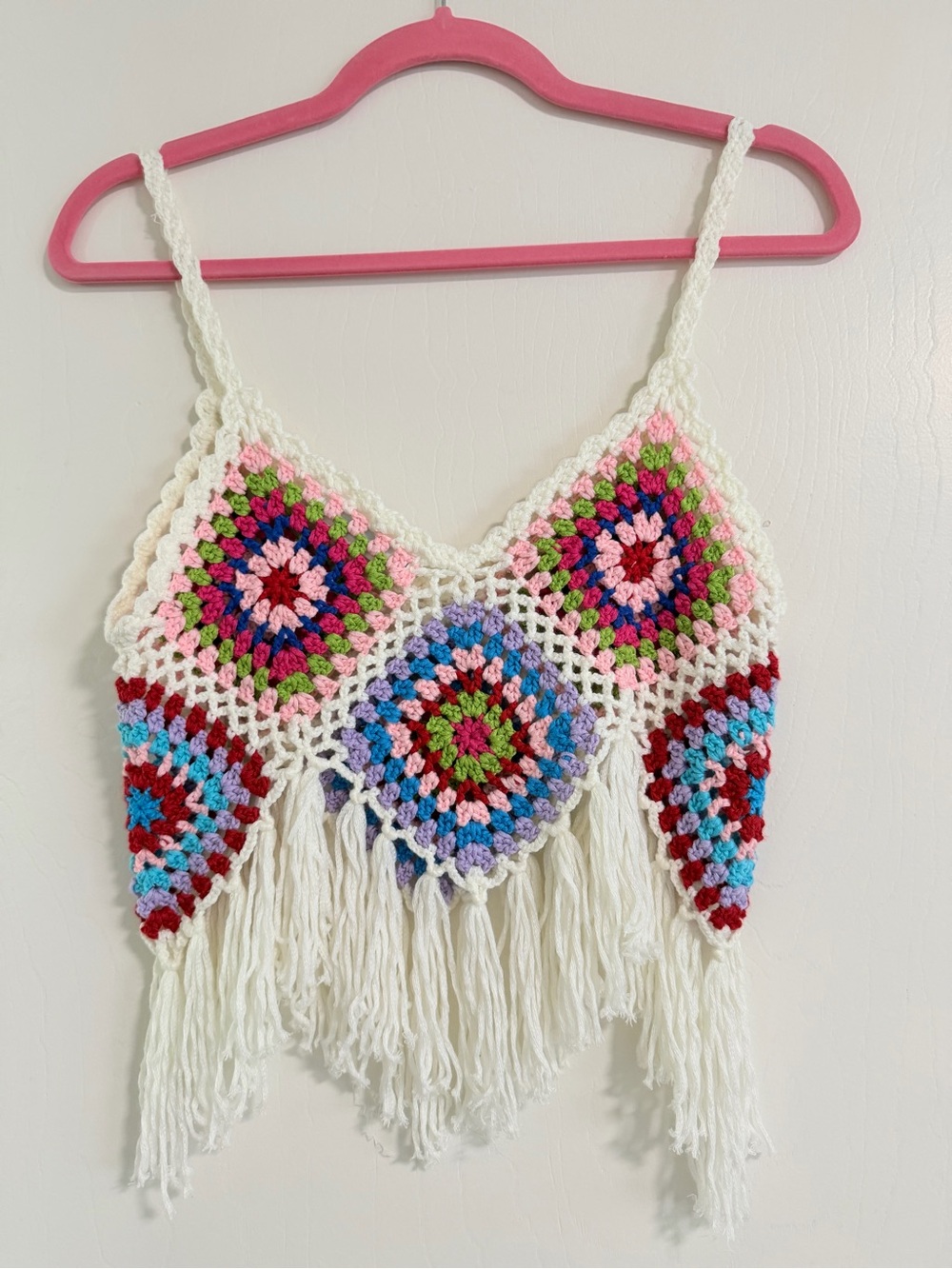 Handmade Crochet Fringe Crop Top in White with Multicolor Squares